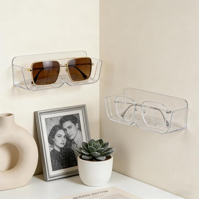 3pack Wall-Mounted Glasses Holder Stand - Adhesive Eyeglasses Organizer for Nightstand, Reading Glasses, and Sunglasses - Clear