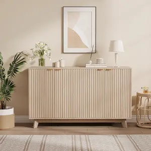 Walnut Fluted Cabinet with Storage Buffet Sideboard with Adjustable Shelves and Gold Handles for Living Room Entry and Kitchen Natural