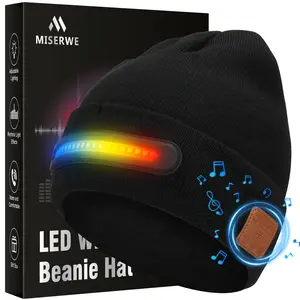 MISERWE Music-Moving Light-Up Knit Hat, Unisex Rechargeable Headlamp Knit Hat with 20 LEDs and Detachable Microphone, Unisex Wireless Music Knit Hat, Christmas Gift - Black