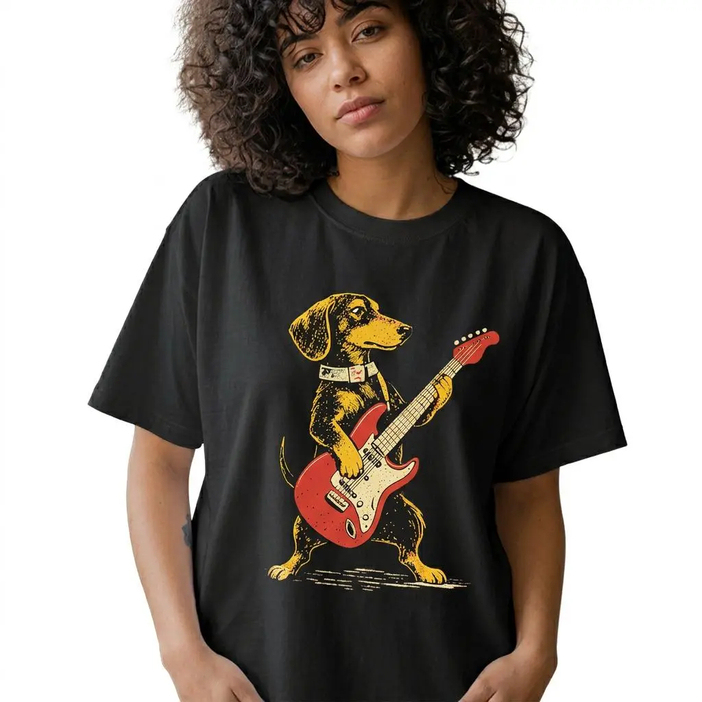 Funny Dachshund Guitar Shirt Women Plus Size Vintage Wiener Dog Graphic Tee