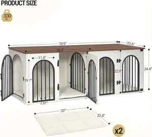71" Dog Crate Furniture for 2 Dogs, Heavy Duty Indoor Dog Kennel TV Stand, XL Wooden Dog Cage with Divider for Medium Large Dogs, End Table Dog Crate with Cushion, White Brown DFC81914B