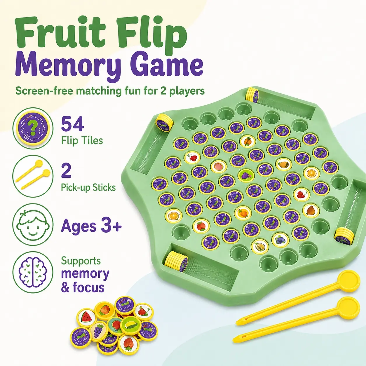 54PCS Fruit Flip Chess Memory Dual-Player Game,Flip Match Board Game,Focus & Observation Training,Educational Toy,Family Fun Game,Logic Development for Kindergarten Family and Party Activities,Desktop Puzzle Strategy Games, Tabletop Game