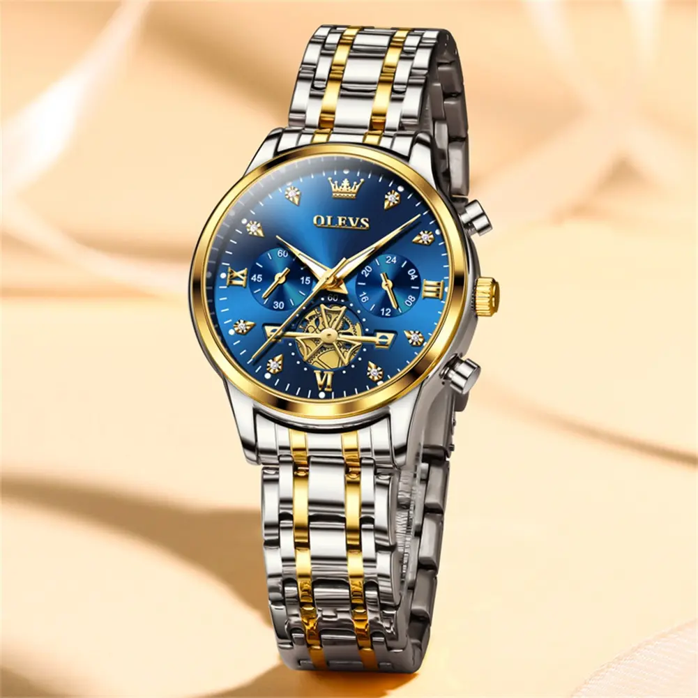 OLEVS Women Watch Blue Multifunctional Two Tone Watch Fashion Business Analog Quartz Ladies Watch Stainless Steel Waterproof Diamond Watch for Women 2897