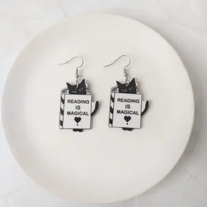 #258 Black Cat with "Reading is Magical" Book Earrings- Stainless Steel Hooks- Casual Book Animal Feline Jewelry