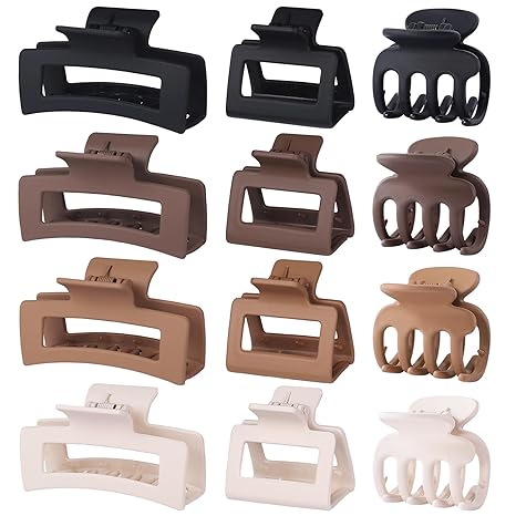 Hair Claw Clips 12 Pack, Matte Hair Clips Set with Small Medium Large Sizes, Non Slip Hair Clips for Thin Thick Curly Hair, Brown