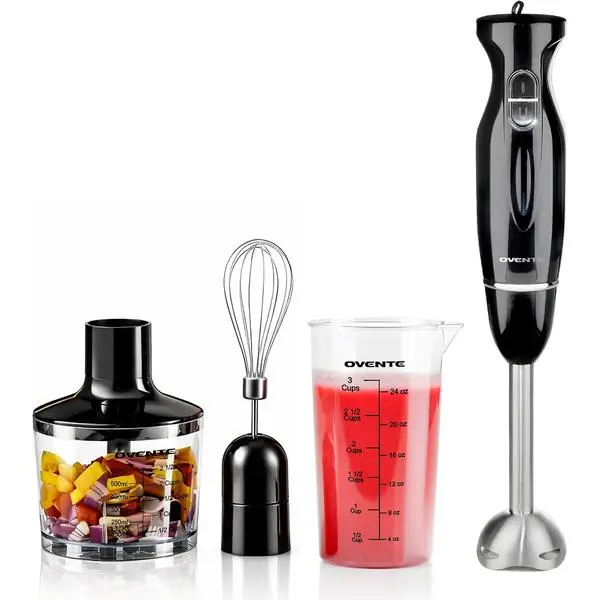OVENTE 300W Corded Immersion Stick Blender Set - 2 Speeds, Blend & Chop, Slim Shaft, Stainless Steel Blades, Egg Whisk, Beaker, BPA-Free Food Chopper (HS565B, Black), Two Speeds