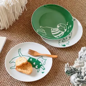 Cute Cat Pattern Ceramic Plate Set, 4 Counts/set Children's Plate, Dessert Plate, Salad Plate, Household Tableware Set for Home Kitchen Dining Room