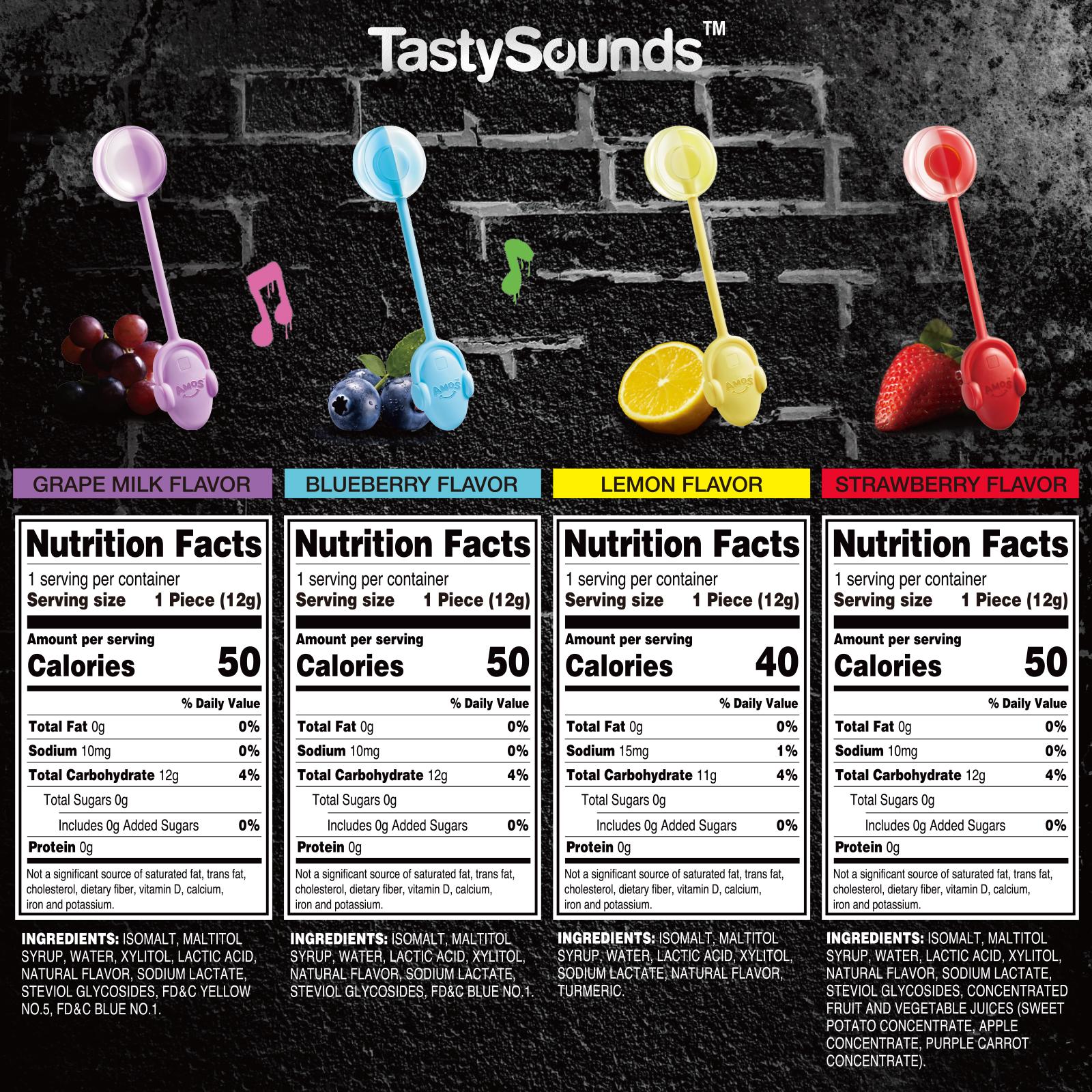 Amos TastySounds Audio Lollipops - Hip Hop Music Lollipop in Grape, Blueberry, Strawberry & Lemon - Sweet Snack Candy