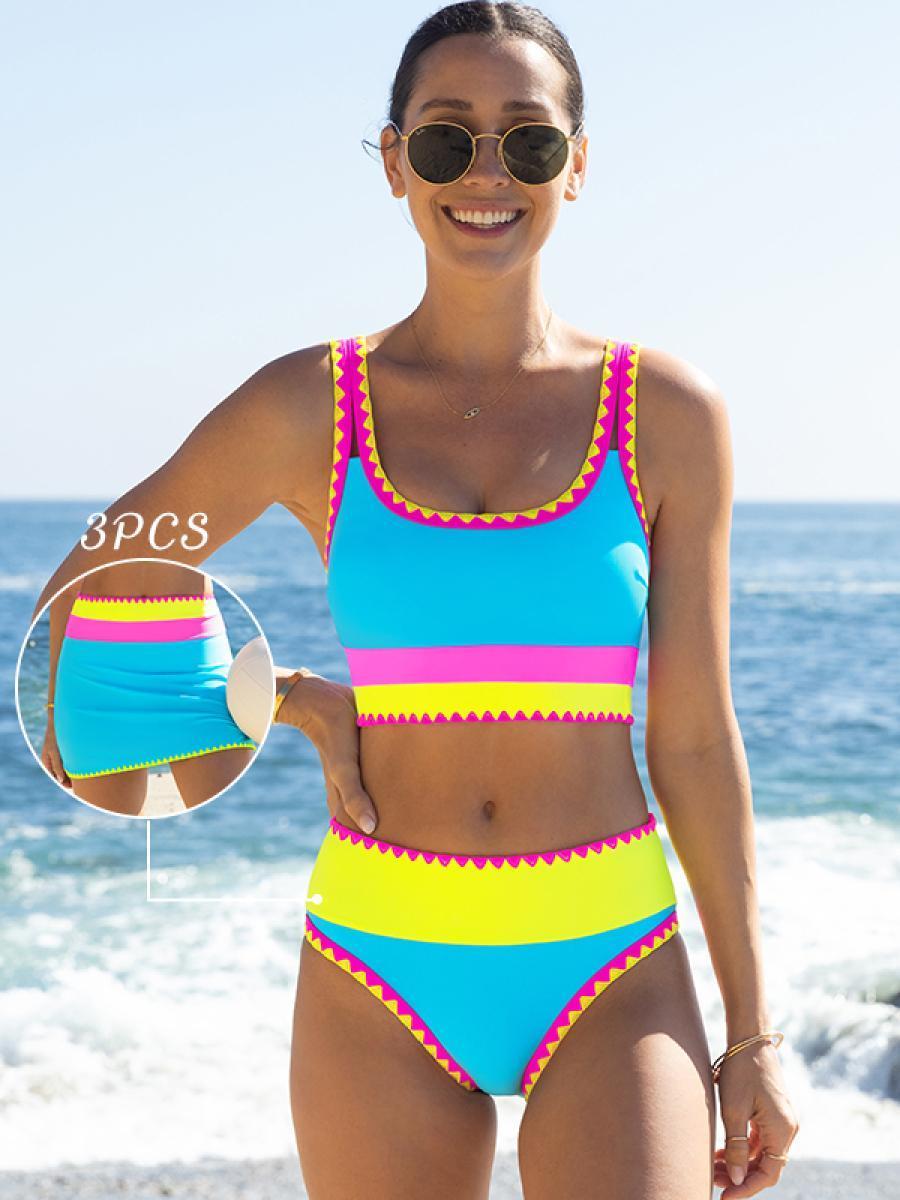 Beachball Kayaking 3 Piece Bikini Sets,Tummy Control & High Waisted Swimsuit with Adjustable Wide Shoulder Straps, Neon Color Sporty Swimsuit