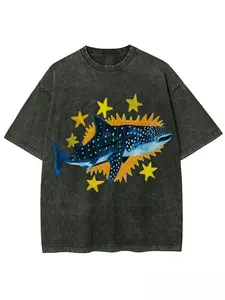 washed cotton, blue whale's star party printed T-shirt, high-quality batik cotton retro fashion brand T-shirt, unisex T-shirt, popular T-shirt for daily wear, holiday gifts, perfect gifts.