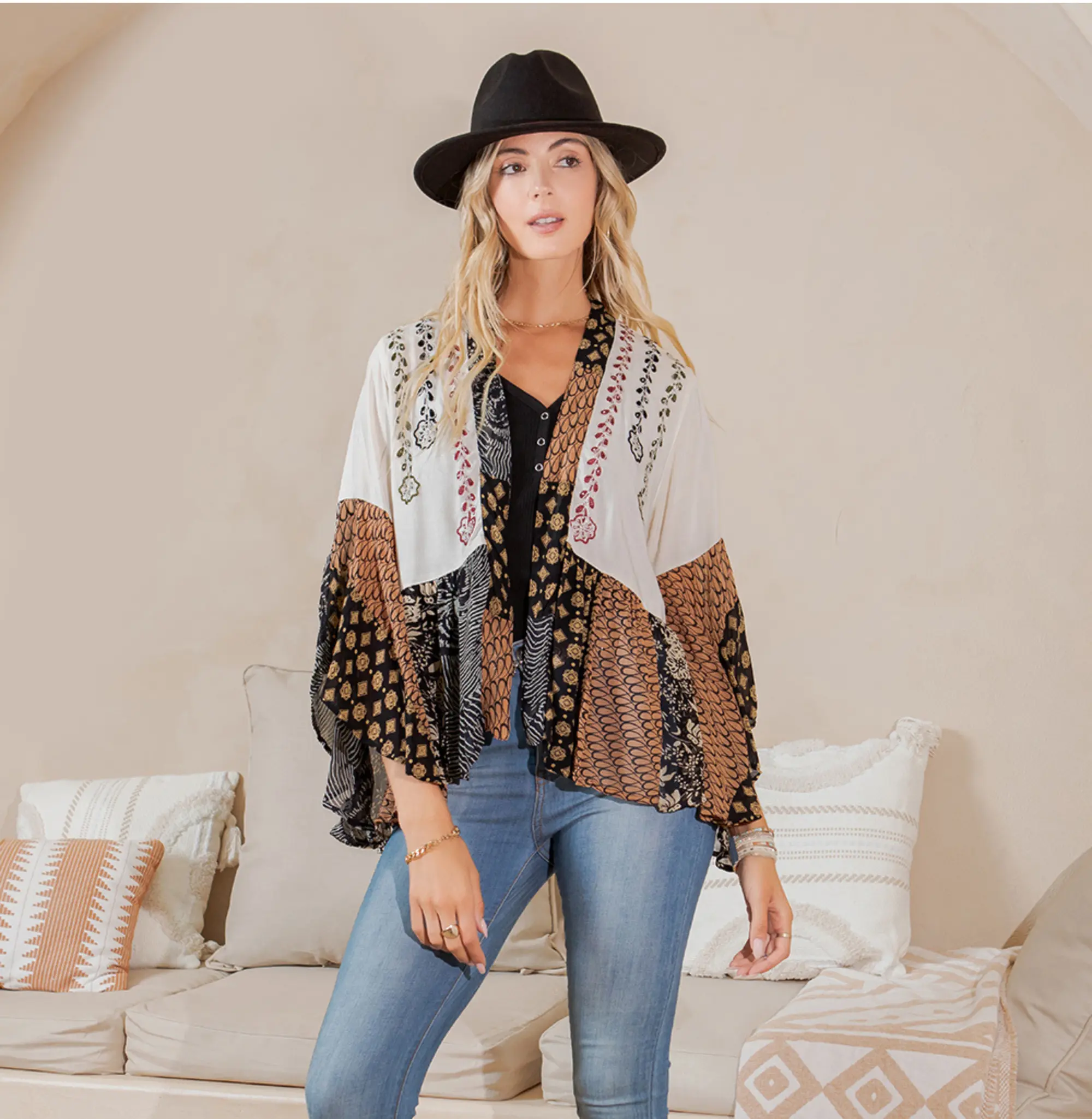 Women's Embroidered Boho Short Shrug - Georgette, Overdyed Print, Patchwork Trim, Pearl Accent