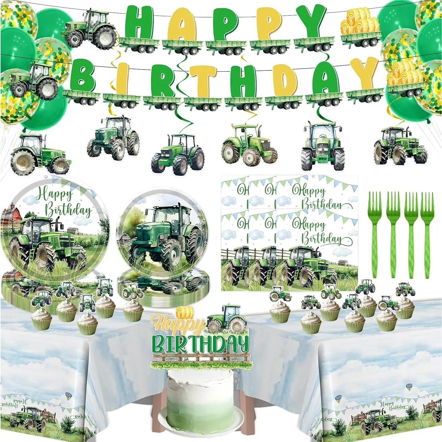 Tractor Birthday Party Decorations, 137PCS Tractor Farmer Themed Decoration with Banners Hanging Swirls, Cake Cupcake Toppers,paper Plates Napkins and Forks, Tablecloth Ballons Decor Supplies