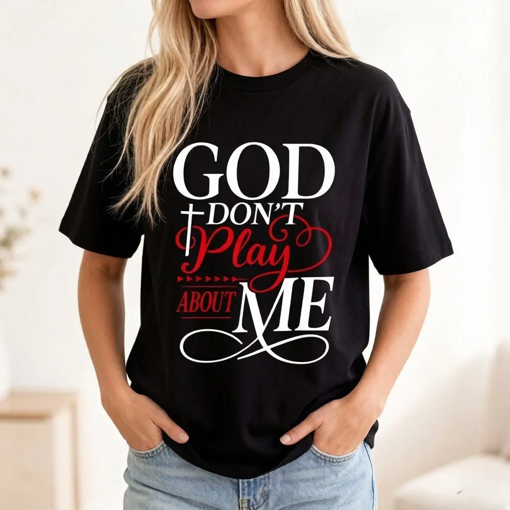 Church Outfit Must Have Viral Women Crew Neck Black Tee God Don’t Play About Me Cross Script Letter Graphic Soft Cotton Casual Short Sleeve Inspirational Top,summerwins Crewneck Print