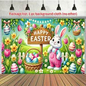 A Piece of Easter Egg-Hunting Bunny, Polyester Photography Backdrop, Party Banner for Birthday Supplies, Photo Background Decoration for Party Decor, Perfect for Family, Garden, Yard Anniversary Celebrations, And Photo Booth Props White