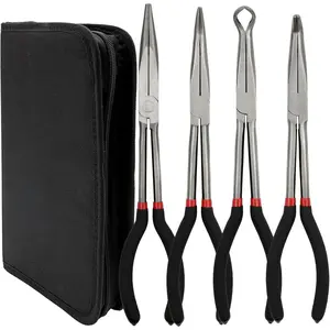 4 Pack 11" Long Nose Pliers Set with Portable Bag,Insulated Grip Handles-Straight Long Needle Nose Pliers,45/90 Degree Angle Curved Pliers,Circle Pliers for Wire Bending,Shaping,Trimming line lock kit trimQuesear