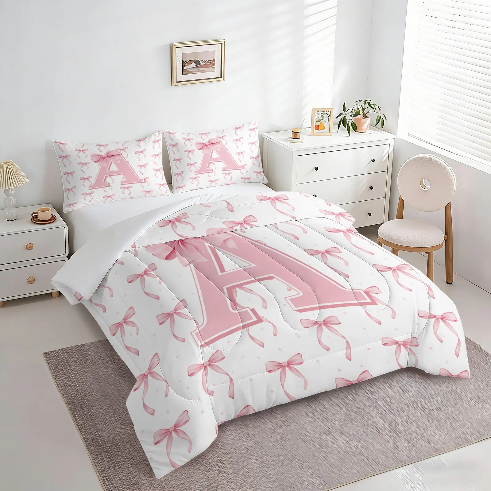 2/3PCS Pink Bow Monogram A-Z Comforter Set for Girls Kids , Coquette Aesthetic Quilt Bedding Set with Pillowcases, Perfect Gift for Girls Princess Bedroom Apartment Decor,Birthday Choice, Soft Bedding