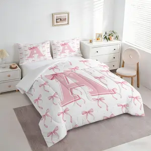 2/3PCS Pink Bow Monogram A-Z Comforter Set for Girls Kids , Coquette Aesthetic Quilt Bedding Set with Pillowcases, Perfect Gift for Girls Princess Bedroom Apartment Decor,Birthday Choice