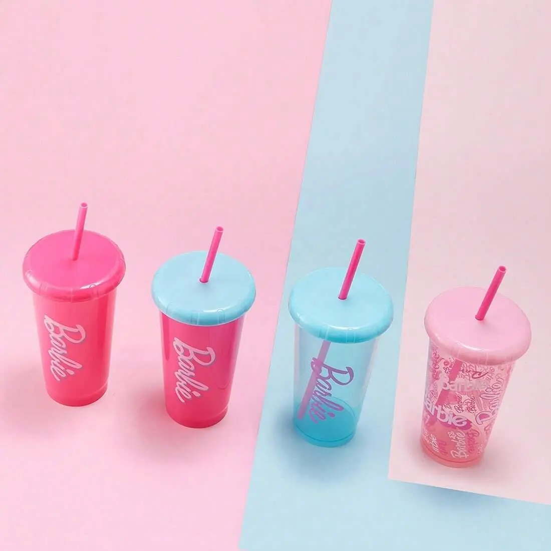 MINISO Barbie Sunburst Series 4-Pack Transparent Plastic Straw Cups, Aesthetic Portable Water Tumblers with Sealed Lids, Suitable for Daily Drinking, Back to School