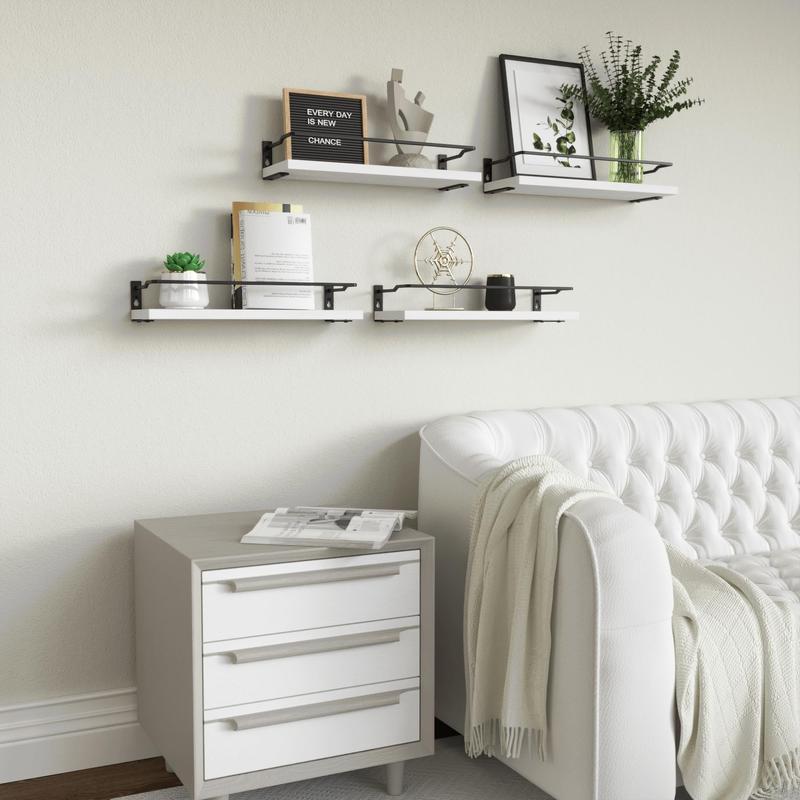 Bathroom Floating Shelves with Guardrail, Set of 4 Wall Mounted Small Storage Bathroom Shelves, Rustic Bathroom Shelves Over Toilet, Wall Shelves for Kitchen Living Room Bedroom - Black- Carbonized Black-White