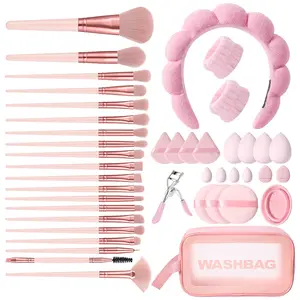 43PCS Makeup Tools Set,Waterproof Zipper Cosmetic Bag,20 Makeup Brushes,17 Puffs,Sponges,1 Hairband, 2 Hand Bowl Straps (Anti-Water),1 Brush Cleaning Tool,1 Eyelash Curler, Daily, Handy