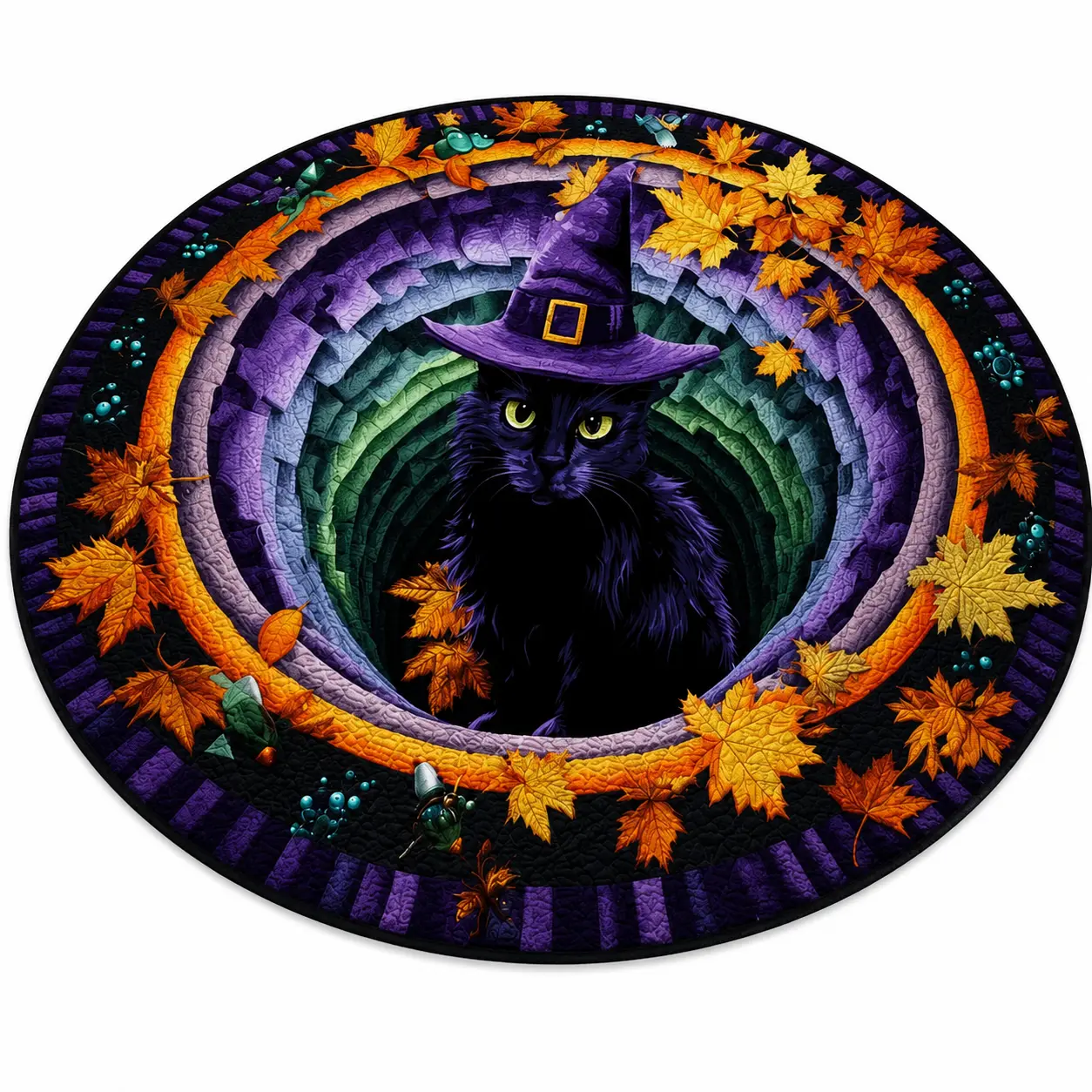 Halloween Black Witch Cat Circle Rug, 3D Vortex Illusion Round Rug, Fall Autumn Leaves Spooky Decor, Witchy Floor Carpet Gift for Halloween