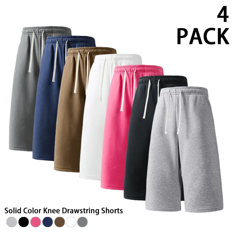 Men's Soft Polyester Fleece Shorts 4-Pack - Loose/Baggy/Wide Fit, Elastic Stretchy Fabric Waist, Drawstring, Solid-Color, Knee/7/8 Length, Cold Wash, Side Pockets, Casual Bottoms for Home, Workouts, Baggy Shorts, Basic