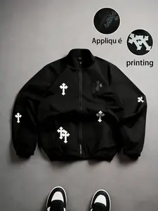 Men’s plus-size long-sleeve Y2K Jesus jacket, street-style INS-inspired design featuring a cross print and leather patch appliqué, stand collar with zipper closure, suitable for everyday wear, outings, sports/casual activities, school, parties, and music