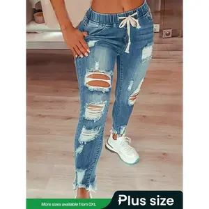 【Plus Size】 Solid Color Ripped Jeans, Casual Fashion Denim Pants for Daily Outdoor Wear, Women Plus Clothing for Summer