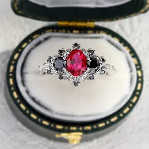 Unique Briar Rose Three Stone Oval Lab Ruby and Black onyx Ring