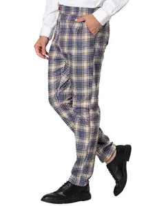 INSPIRE CHIC Men's Business Plaid Pants Casual Slim Fit Checked Dress Trousers Brown