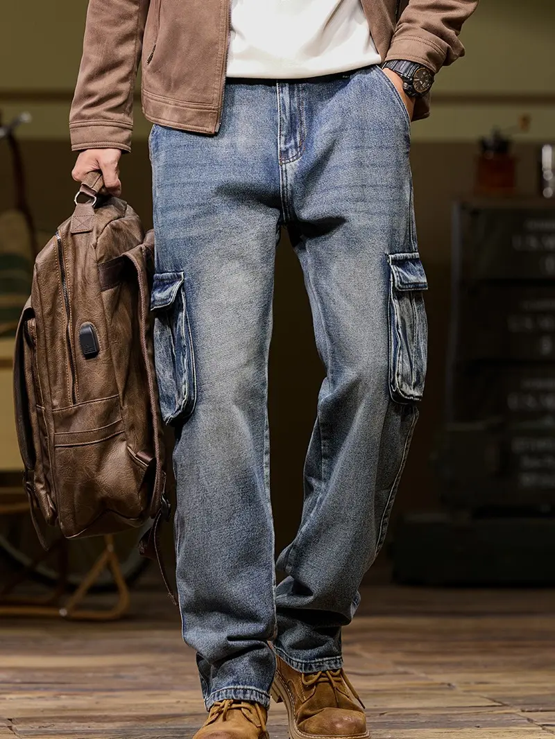 100% cotton cargo jeans with the perfect vintage wash!  Non-stretch so they hold their shape flawlessly. Flap pockets and a relaxed straight leg. Grab your size 28-42 now!#Streetwear #CargoJeans #VintageDenim