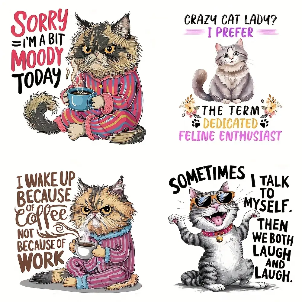 Whimsycat Heat Transfer Stickers Set, Animal Pattern DIY Decals Craft Supplies for T-Shirts & Backpacks, Humorous Cat Theme Kitty Press-On Patches