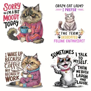 Whimsycat Heat Transfer Stickers Set, Animal Pattern DIY Decals for T-Shirts & Backpacks, Humorous Cat Kitty Theme Press-On Patches