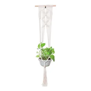 THY COLLECTIBLES Hand-Weaved Macrame Plant Hanger Indoor Outdoor Hanging Planter Basket Cotton Rope 4 Legs Beaded Creamy White