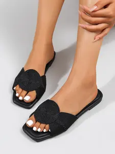 Women's Black Silver Gold Green Pink Orange Flat Sandals 2026–Square Toe Mules with Woven Straps, Minimalist Slip-On Slides for Summer Everyday Wear, Comfortable Lightweight Shoes with Cushioned Sole
