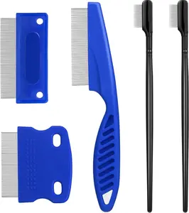 5PCS Stainless Steel & Plastic Dog Eye Comb Multi-Pack - Long Handle, Round Ends, Rustproof Teeth, Safe Grooming Tool for Small Dogs, Tear Stain Remover, Tear Removal, Eye Mucus Cleaner (Blue & Black)