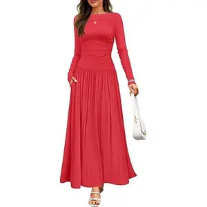 ZESICA Women's Long Sleeve Fall Maxi Dress 2025 Crewneck Knit Casual Slim Swing Pleated Dresses with Pockets