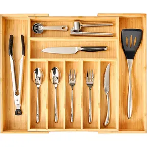 Large Expandable Kitchen Silverware Utensils Drawer Organizer, 2.5" Extra High Adjustable Drawer Divider with Curved Grooves, Bamboo Wood Cutlery Tray Flatware Holder