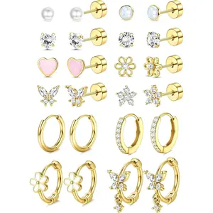 Trendy Ultimate Curated Ear Stack Set Hypoallergenic Flat Back Earrings 14K Gold Plated Surgical Steel Small Cartilage Studs and Hoops  for Women