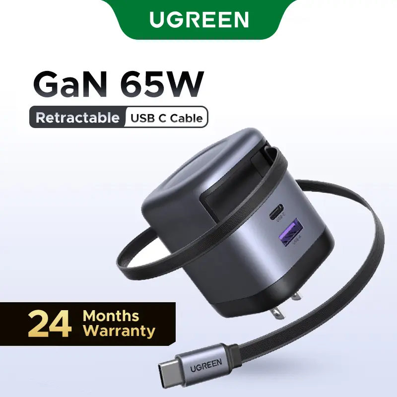 UGREEN Nexode 65W Charger with Retractable USB-C Cable International Warranty Smart Power Allocation 8-Safeguard Protection for Apple Android Devices,DealsForYouDays