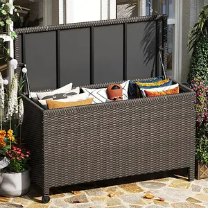 GAOMON Wicker Deck Box, 185 Gallon All-Weather Outdoor Storage Box, Rattan Storage Bin for Patio Furniture, Outdoor Cushions, Pool Storage and Garden Tools, Brown