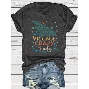 Village Crazy Lady" Graphic Tee - Women'S Casual Crew Neck Short Sleeve Shirt, 100% Polyester Knit Fabric, All-Season Comfort Fit, Ideal Mother'S Day Gift