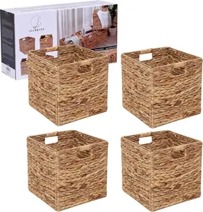Set of 4 12x12in Foldable Handwoven Water Hyacinth Storage Baskets, Wicker Storage Cubes Laundry Organizer Totes for Home