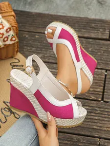 Summer Women's Wedge Heeled Thick Sole Platform Sandals, Casual Colorblock Beach Shoes, Outdoor Fashion Sports Footwear, High Wedge Heels