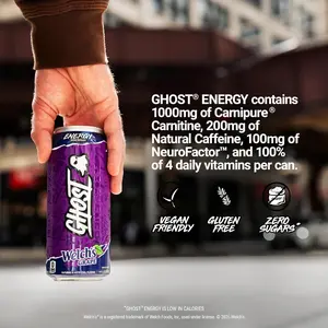Ghost Energy Drink Welch's Grape Authentic Flavor 4-Pack 16 fl oz Cans Zero Sugar with Carnipure L-Carnitine & Alpha-GPC