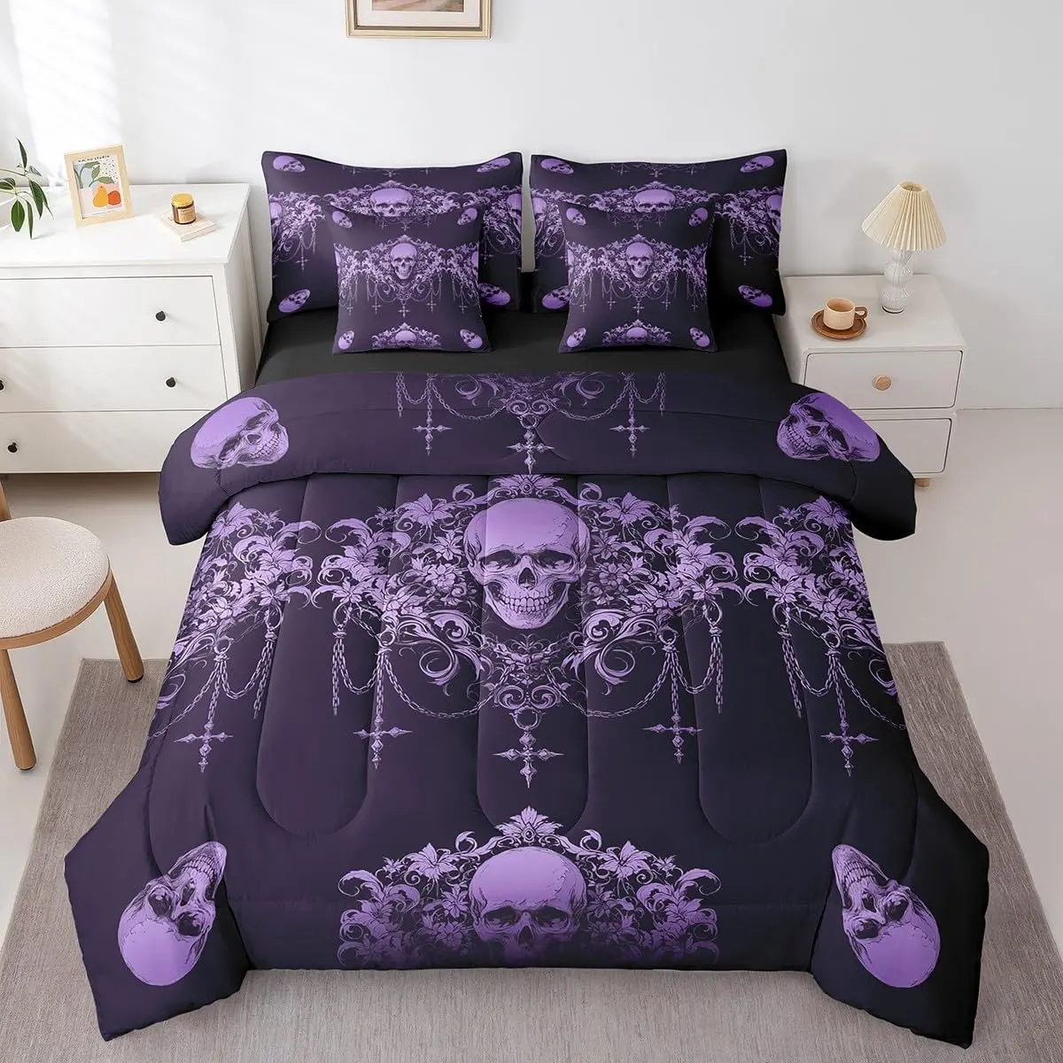 Feelyou 7-Piece Gothic Microfiber Comforter Set, Purple Damask Sugar Skull Bedding Set with Bohemian Vintage Floral Exotic Victorian Baroque Accents, Soft Decorative Bed-in-a-Bag, Decorative Bedding Set, Microfiber Bedding Set