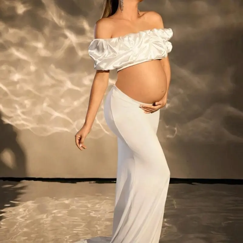 Cheriluna Maternity 2-Piece Outfit - Sexy Off-Shoulder Crop Top, Low-Waist Dragging Skirt for Photoshoot - Size Small (S)