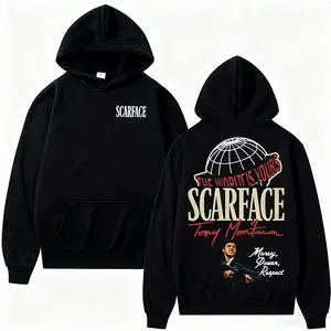 New Hot Selling Men'S Scarface Print Drop Shoulder Hooded Sweatshirt, Loose Street Style Drawstring Pocket Pullover, Unisex Tool Enthusiast Apparel, "The World Belongs To You" Design, Autumn And Winter Fashion Trend Warm Hoodie, Christmas Gift