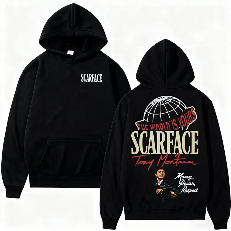 Men's Scarface Print Drop-Shoulder Long Sleeve Hooded Sweatshirt - Chic Casual Tops, Loose Street Style Drawstring-Pocket Pullover, Unisex Apparel, "The World Belongs To You" Design, Autumn-Winter Warm Plain Binding Hoodie, Halloween Party Christmas Gift,