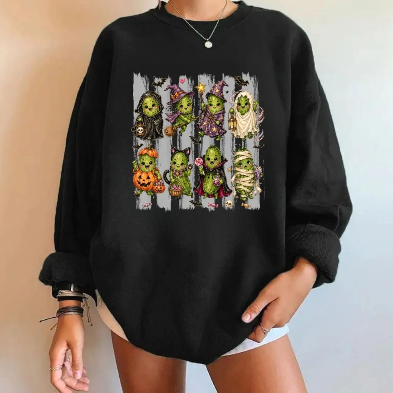 Halloween Pickle Sweatshirt, Costumed Pickle Characters Graphic Crewneck, Funny Fall Gift for Pickle Lovers